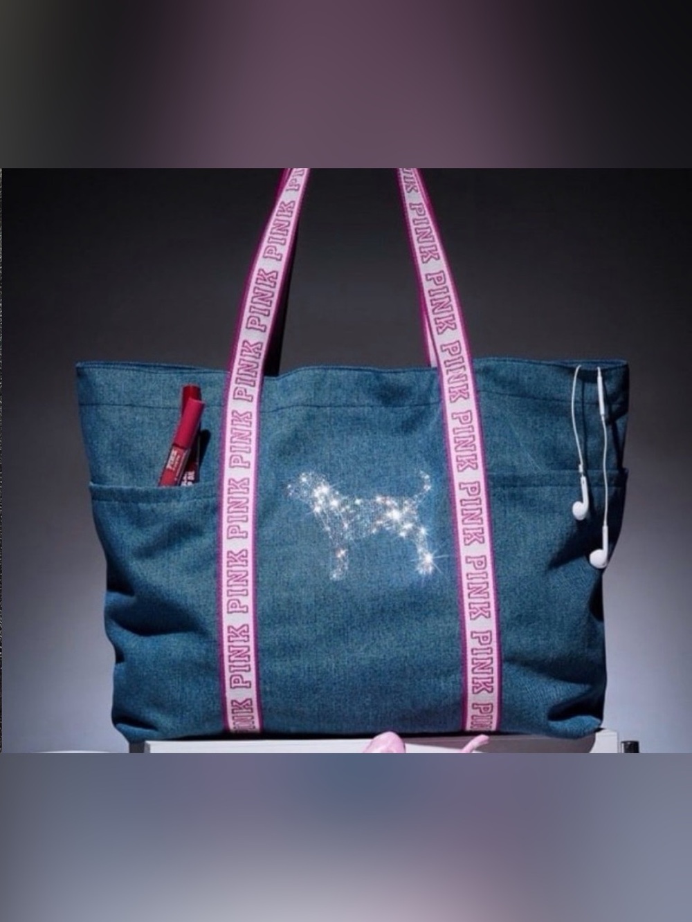 PINK Victoria's Secret Denim Tote with Hot Pink Logo Straps and Rhinestone Dog